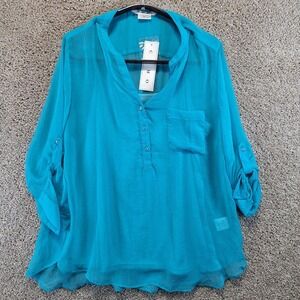 COMO Blouse Womens XL Teal Blue Sheer Chiffon Layered Roll Tab Sleeve Boho Top
